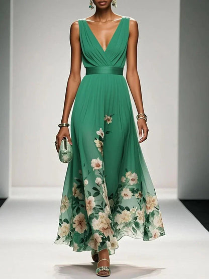 Femme Robe Longue de Soirée sans Manches à Col en V et Imprimé Floral A-ligne