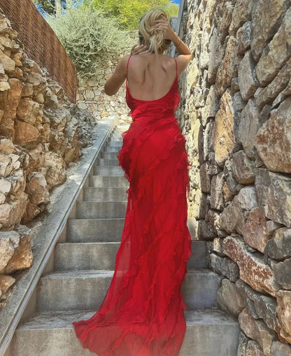 Femme Robe Longue de Soirée sans Manches avec Col en V et Volants