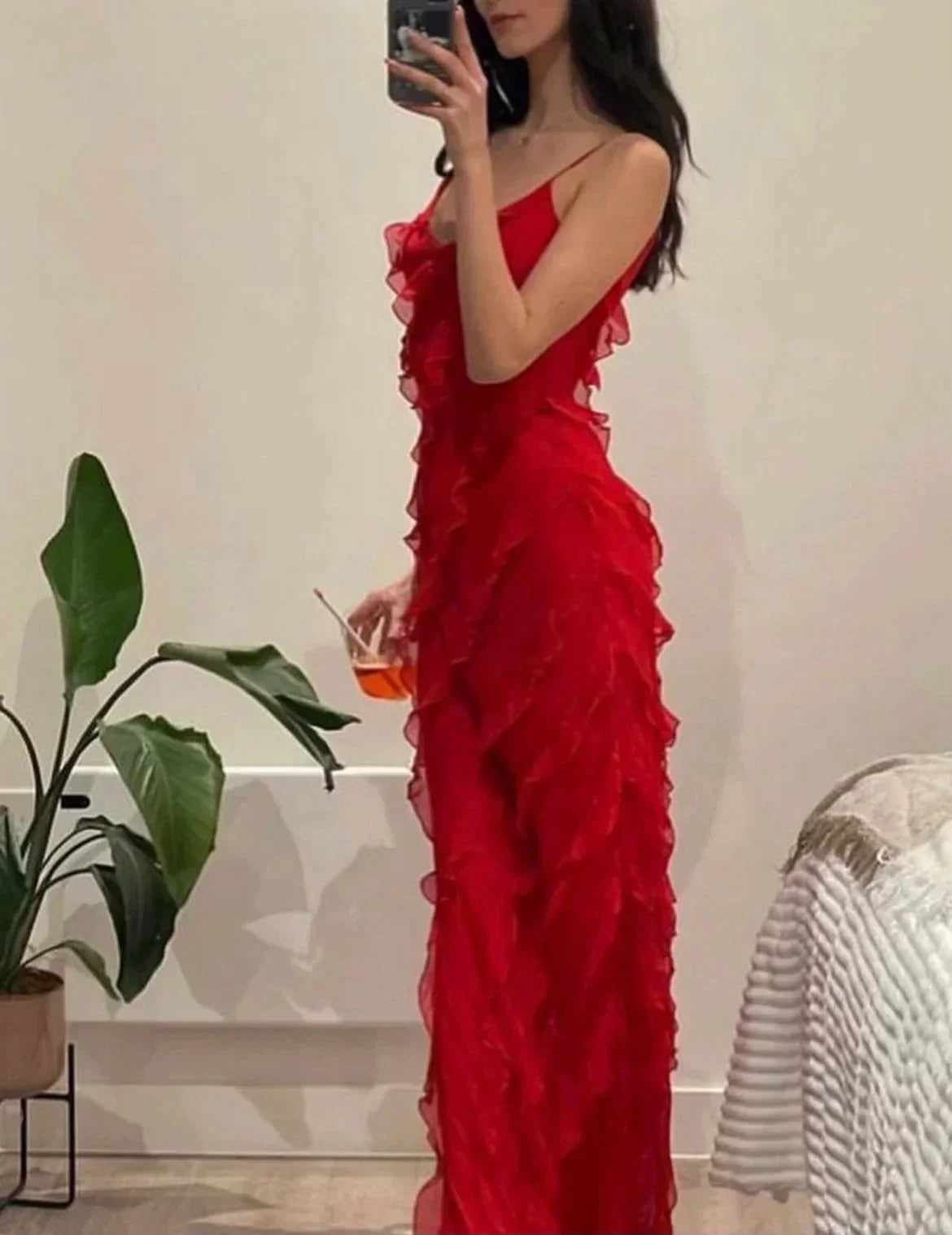 Femme Robe Longue de Soirée sans Manches avec Col en V et Volants