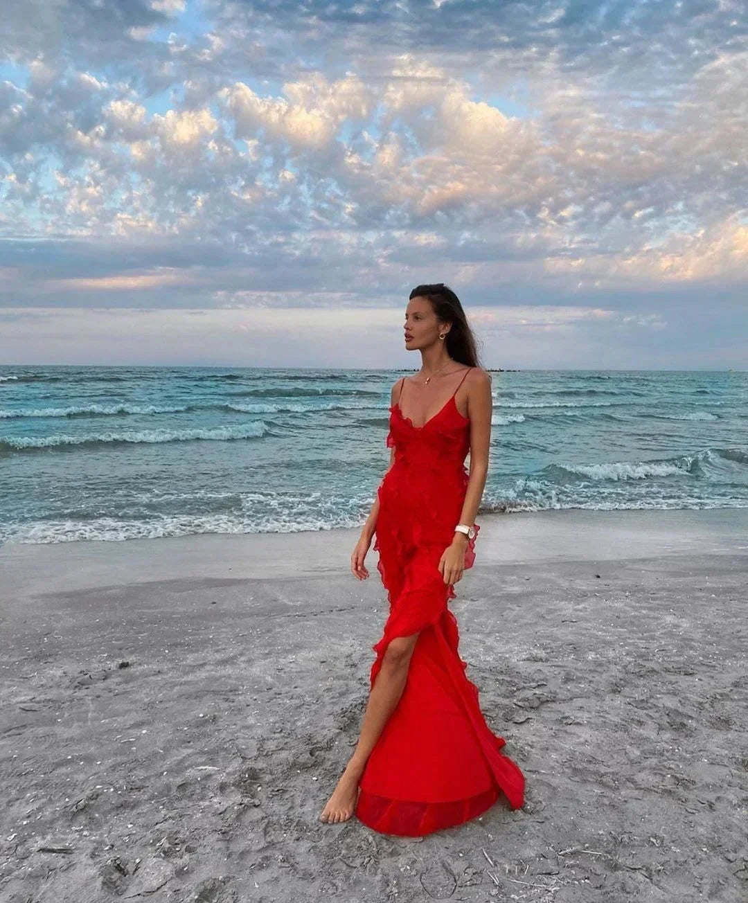 Femme Robe Longue de Soirée sans Manches avec Col en V et Volants