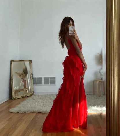 Femme Robe Longue de Soirée sans Manches avec Col en V et Volants