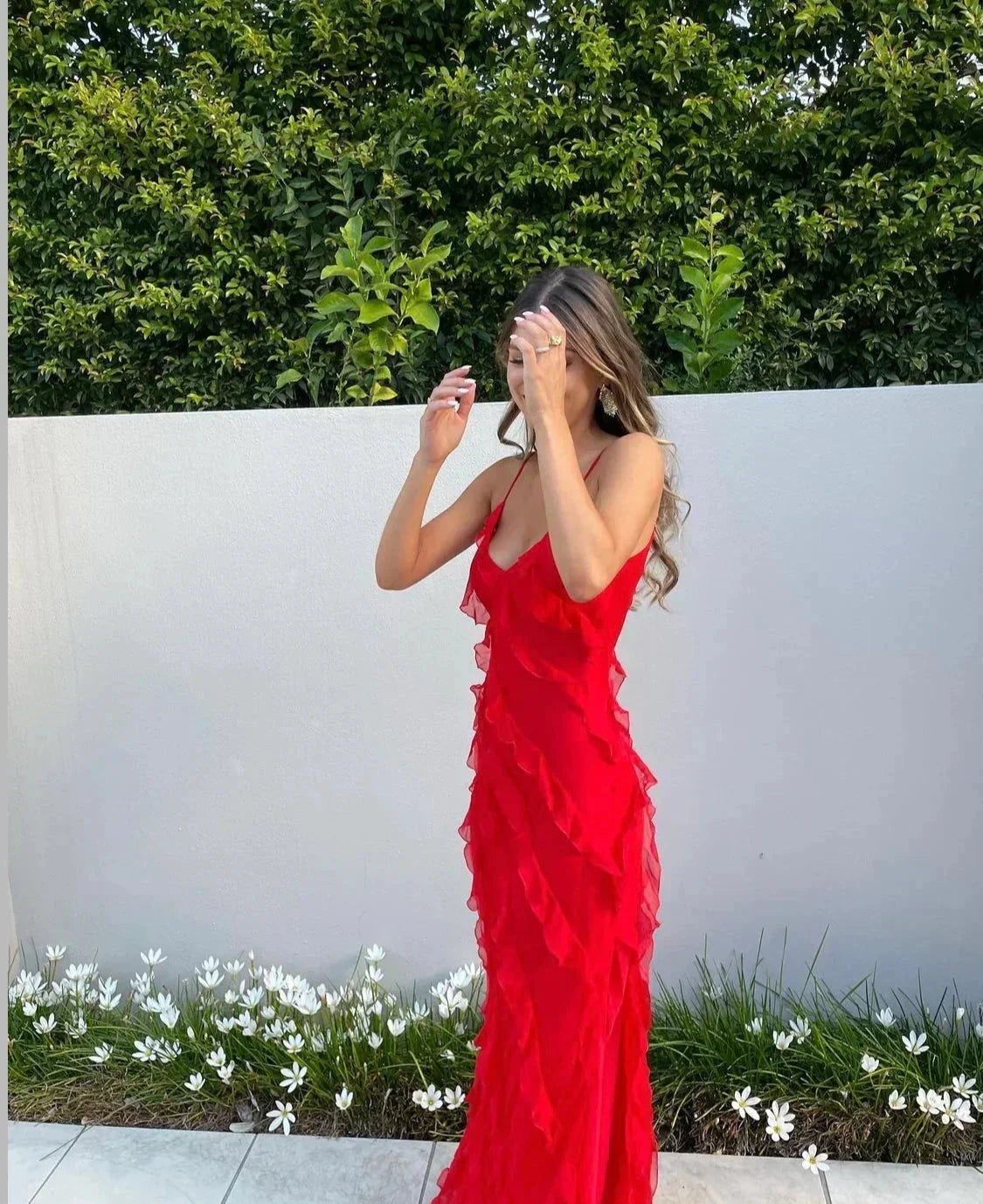 Femme Robe Longue de Soirée sans Manches avec Col en V et Volants