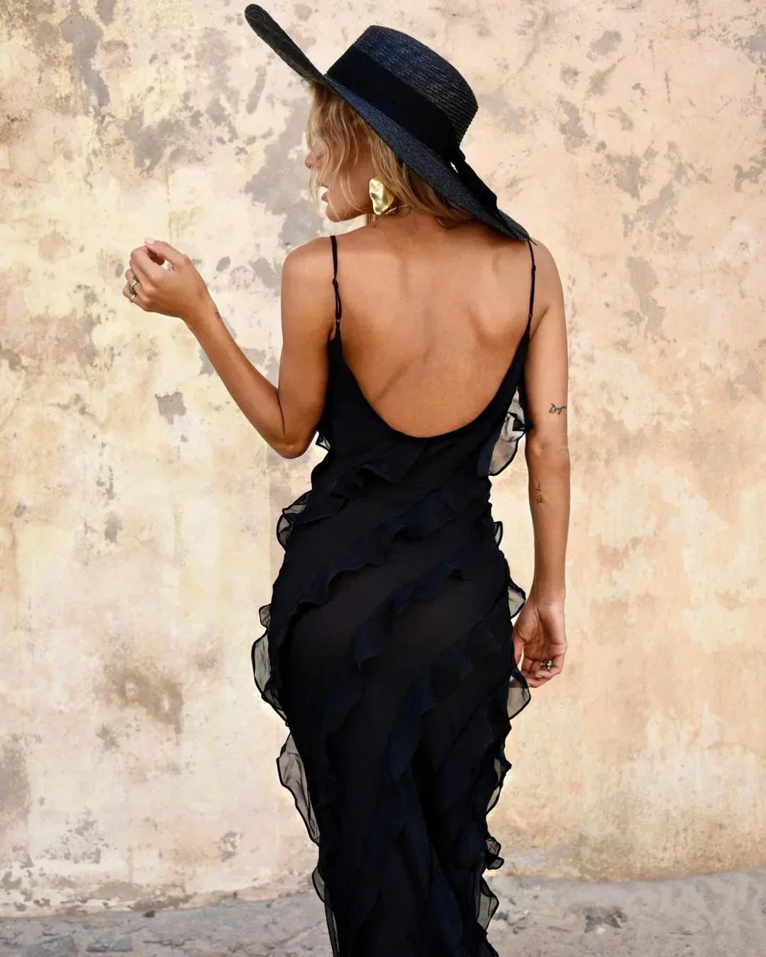 Femme Robe Longue de Soirée sans Manches avec Col en V et Volants