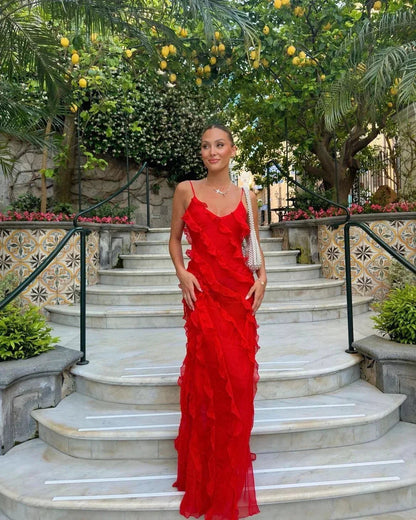 Femme Robe Longue de Soirée sans Manches avec Col en V et Volants