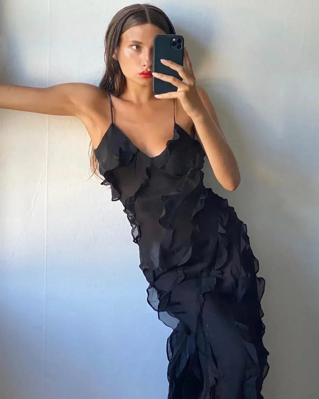 Femme Robe Longue de Soirée sans Manches avec Col en V et Volants