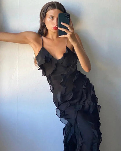 Femme Robe Longue de Soirée sans Manches avec Col en V et Volants