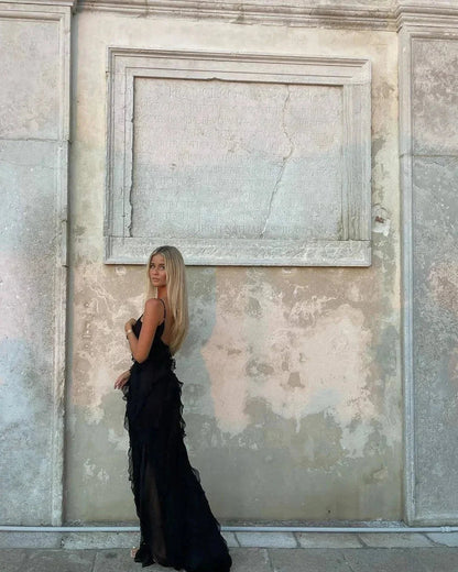 Femme Robe Longue de Soirée sans Manches avec Col en V et Volants