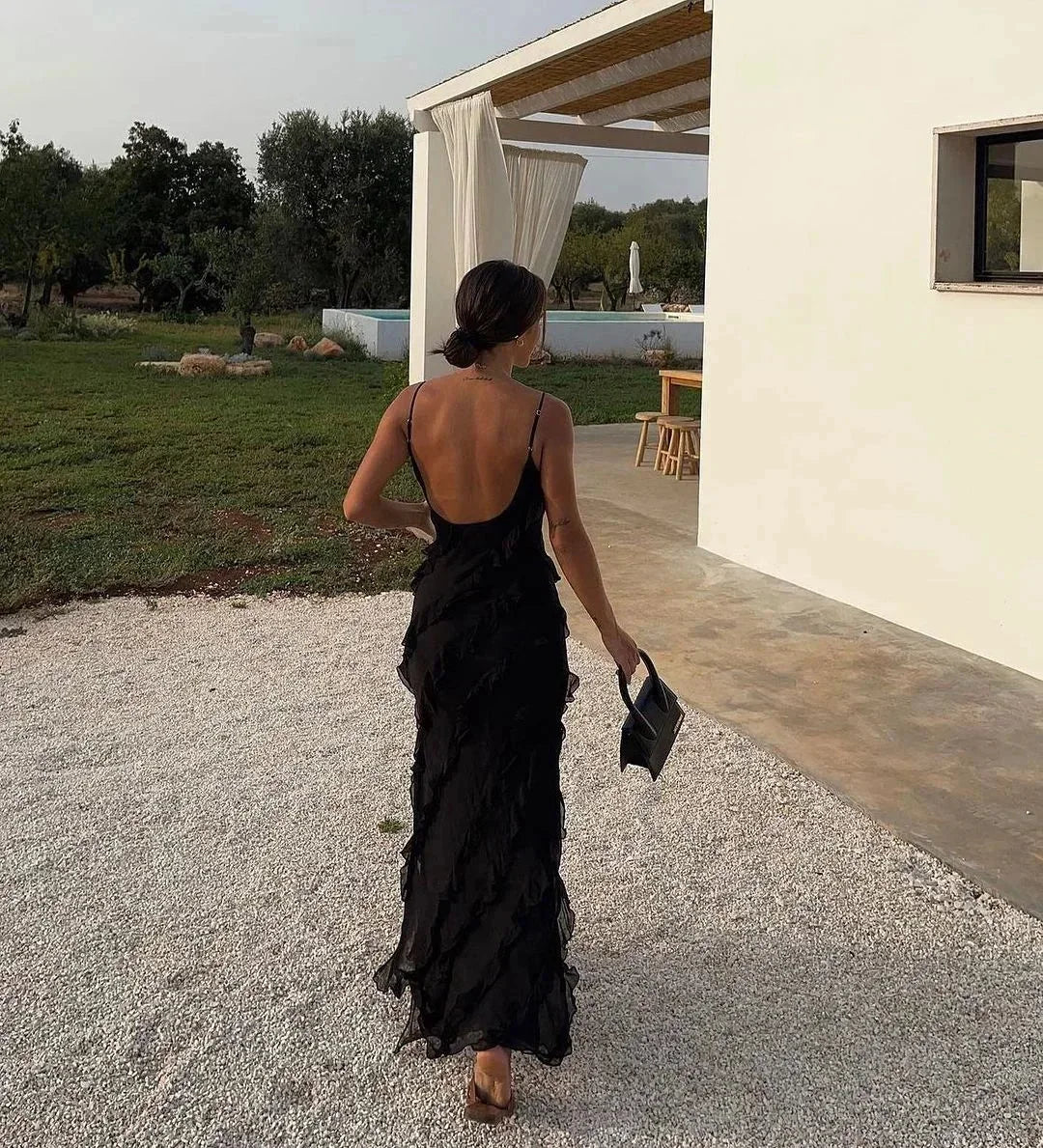 Femme Robe Longue de Soirée sans Manches avec Col en V et Volants