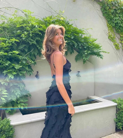 Femme Robe Longue de Soirée sans Manches avec Col en V et Volants