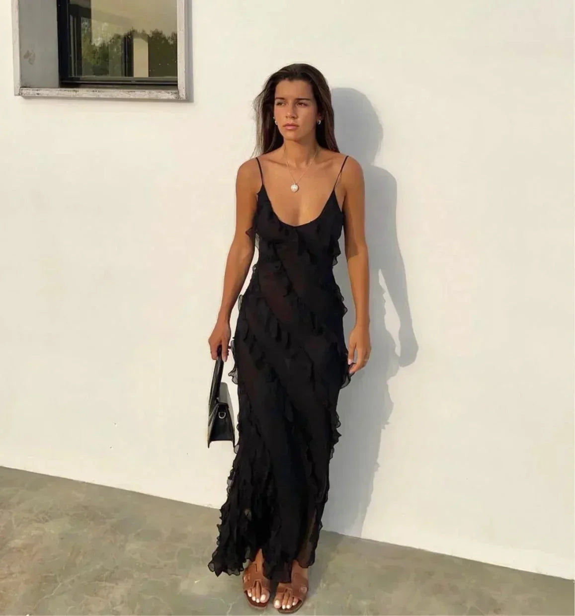 Femme Robe Longue de Soirée sans Manches avec Col en V et Volants
