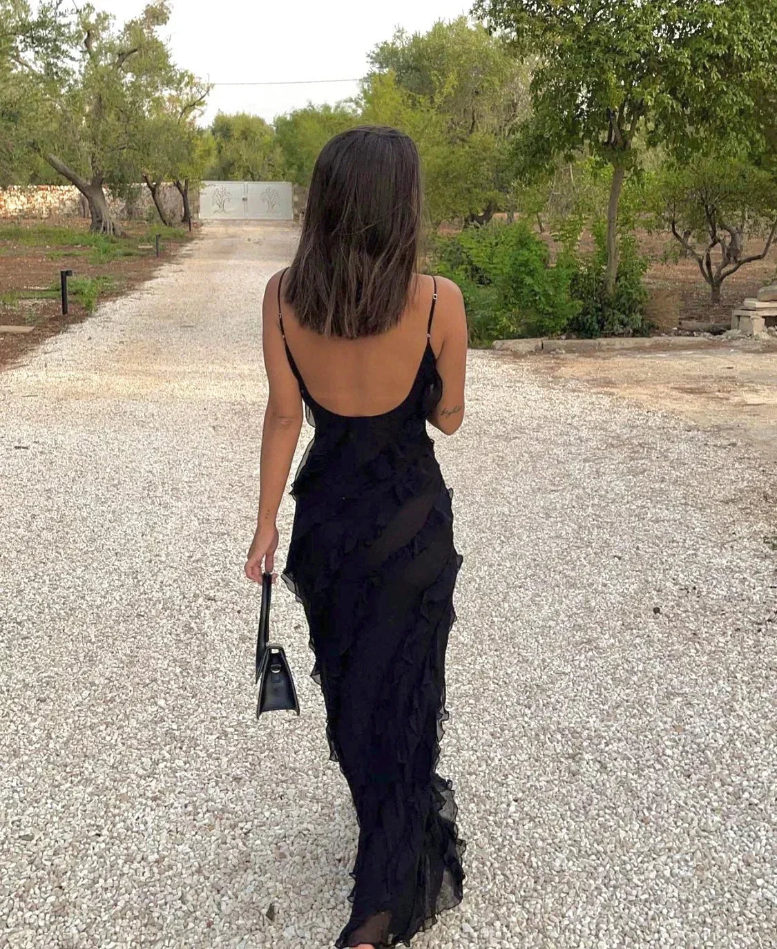 Femme Robe Longue de Soirée sans Manches avec Col en V et Volants