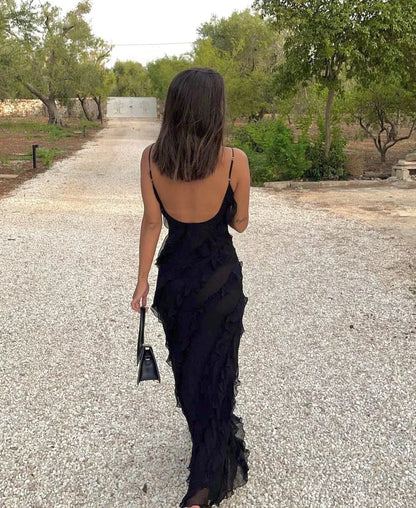 Femme Robe Longue de Soirée sans Manches avec Col en V et Volants