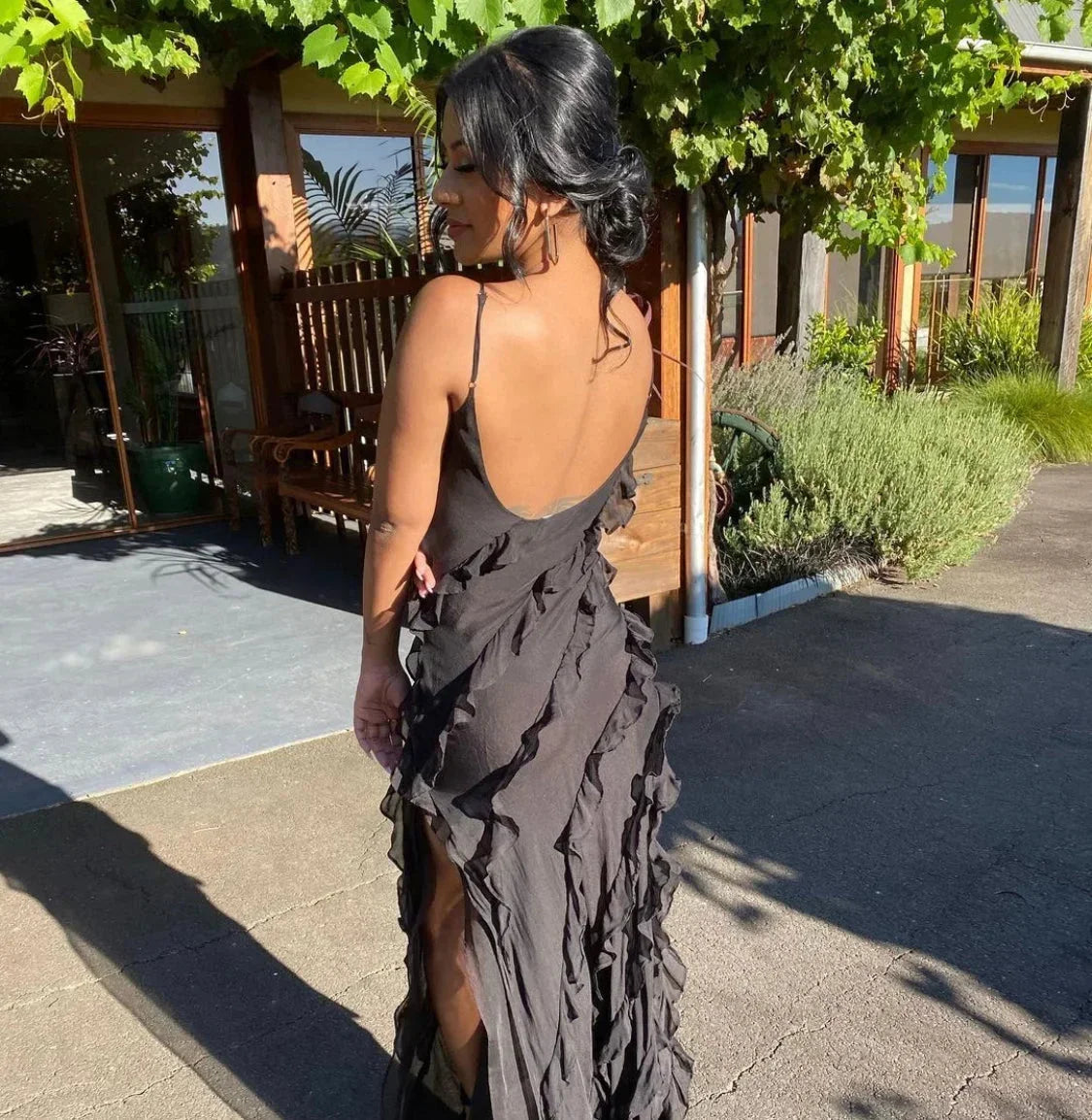 Femme Robe Longue de Soirée sans Manches avec Col en V et Volants