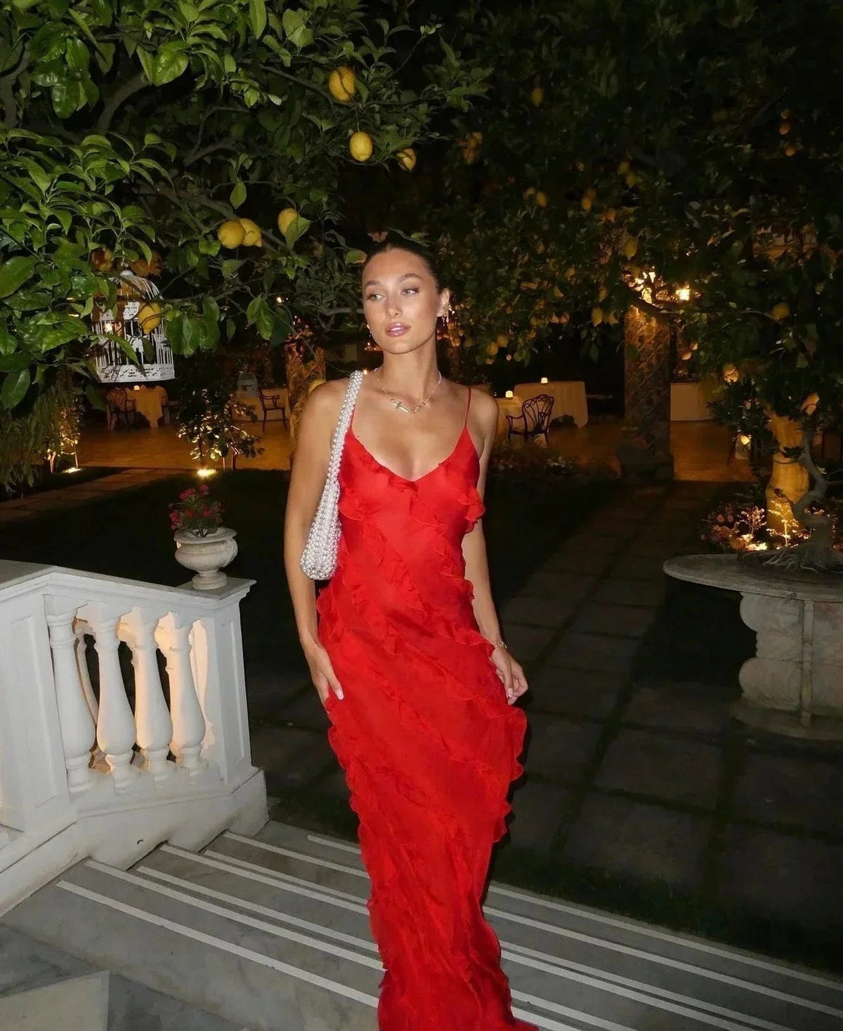 Femme Robe Longue de Soirée sans Manches avec Col en V et Volants