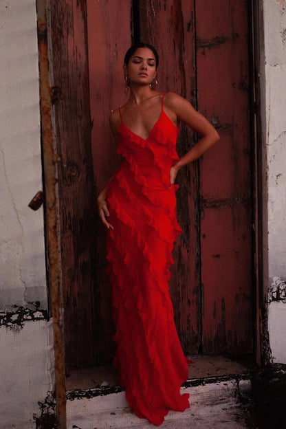 Femme Robe Longue de Soirée sans Manches avec Col en V et Volants