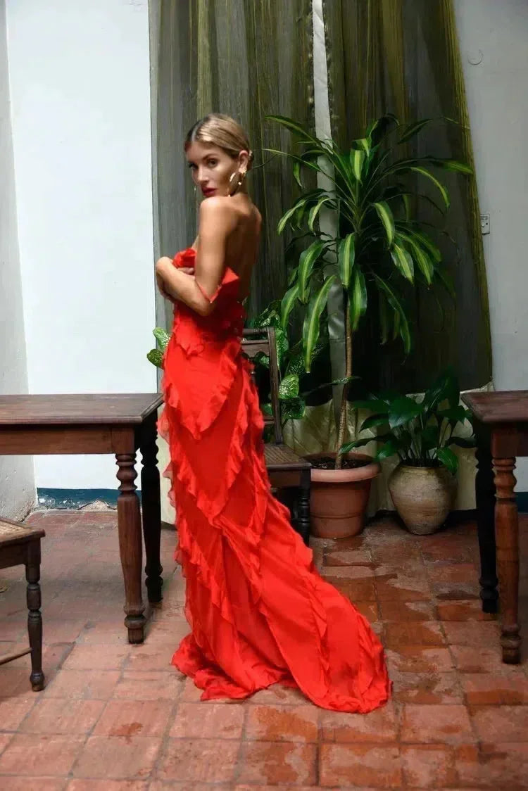 Femme Robe Longue de Soirée sans Manches avec Col en V et Volants