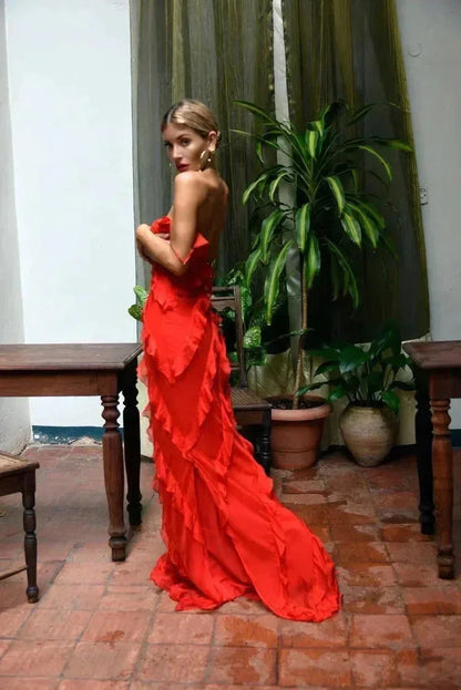 Femme Robe Longue de Soirée sans Manches avec Col en V et Volants