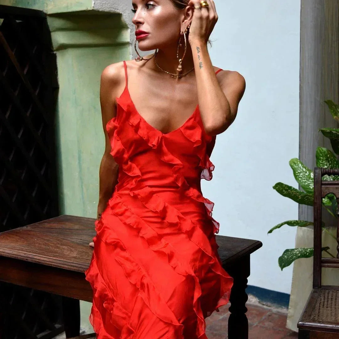 Femme Robe Longue de Soirée sans Manches avec Col en V et Volants