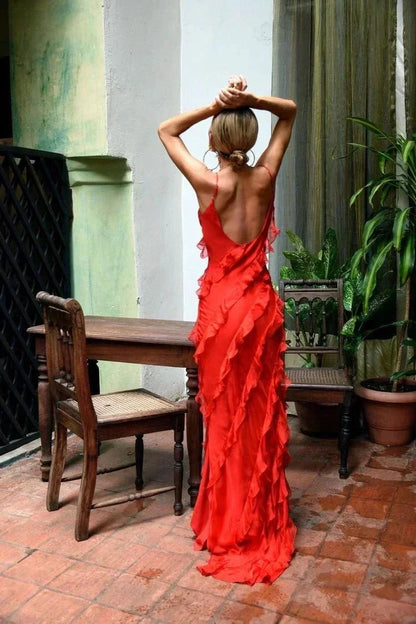 Femme Robe Longue de Soirée sans Manches avec Col en V et Volants