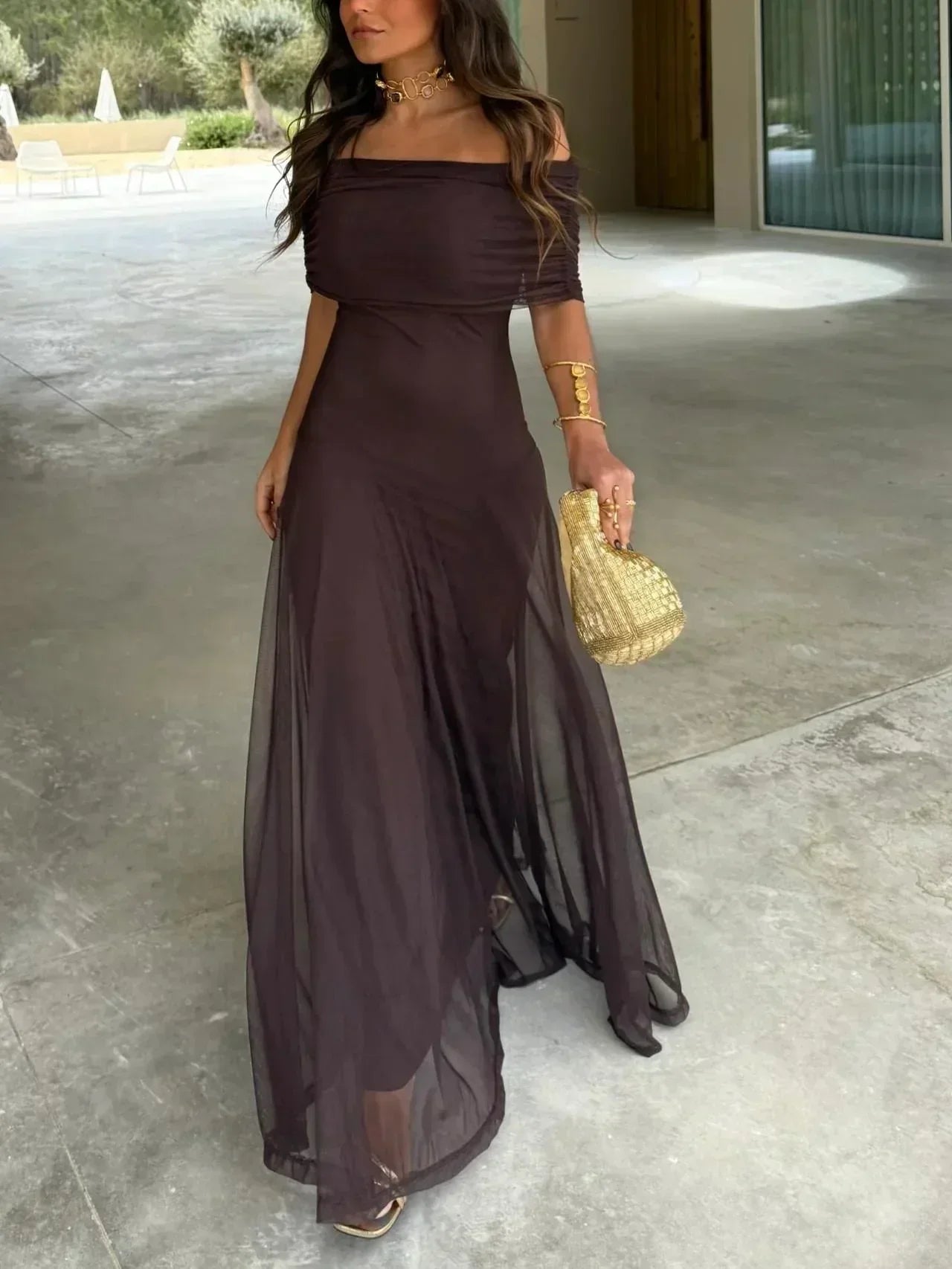Femme Robe Longue Épaules Dénudées à Jupe Fluide et Col Drapé