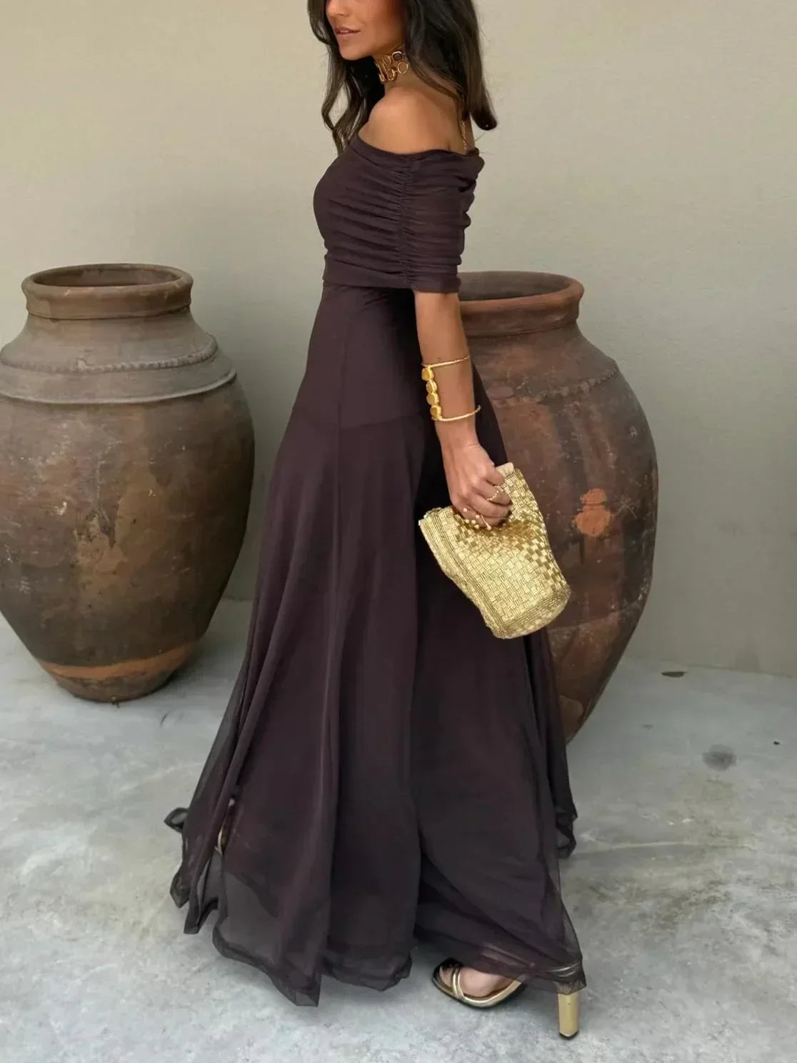 Femme Robe Longue Épaules Dénudées à Jupe Fluide et Col Drapé