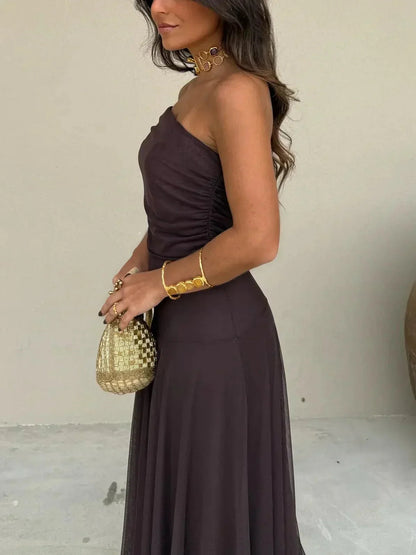 Femme Robe Longue Épaules Dénudées à Jupe Fluide et Col Drapé