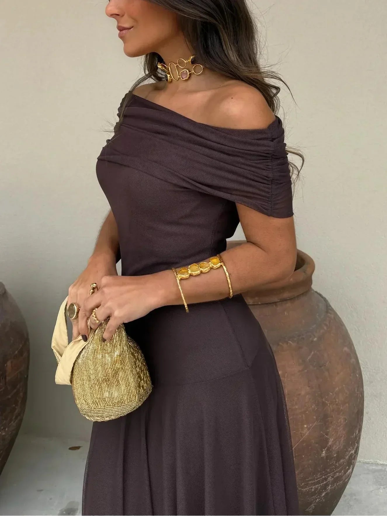 Femme Robe Longue Épaules Dénudées à Jupe Fluide et Col Drapé