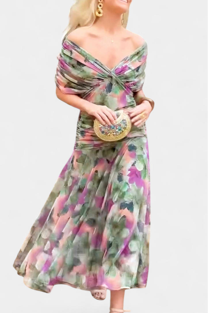 Femme Robe Longue Épaules Dénudées avec Décolleté en V et Jupe Fluide