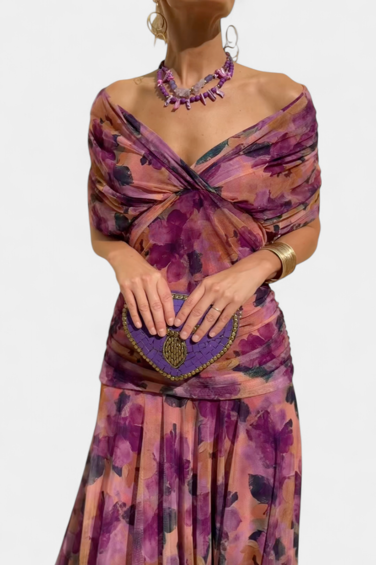 Femme Robe Longue Épaules Dénudées avec Décolleté en V et Jupe Fluide