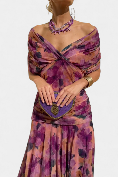 Femme Robe Longue Épaules Dénudées avec Décolleté en V et Jupe Fluide