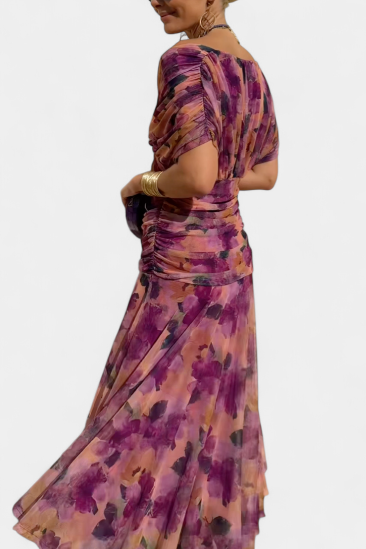 Femme Robe Longue Épaules Dénudées avec Décolleté en V et Jupe Fluide