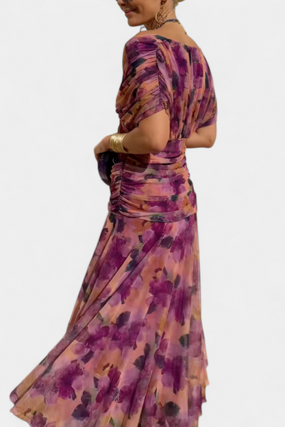 Femme Robe Longue Épaules Dénudées avec Décolleté en V et Jupe Fluide
