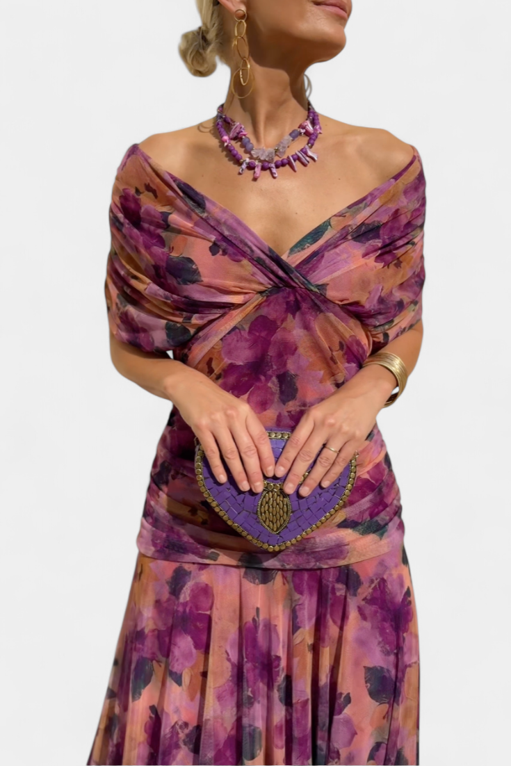 Femme Robe Longue Épaules Dénudées avec Décolleté en V et Jupe Fluide