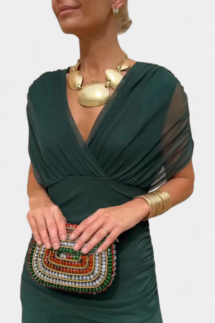 Femme Robe Longue Épaules Dénudées avec Décolleté en V et Jupe Fluide