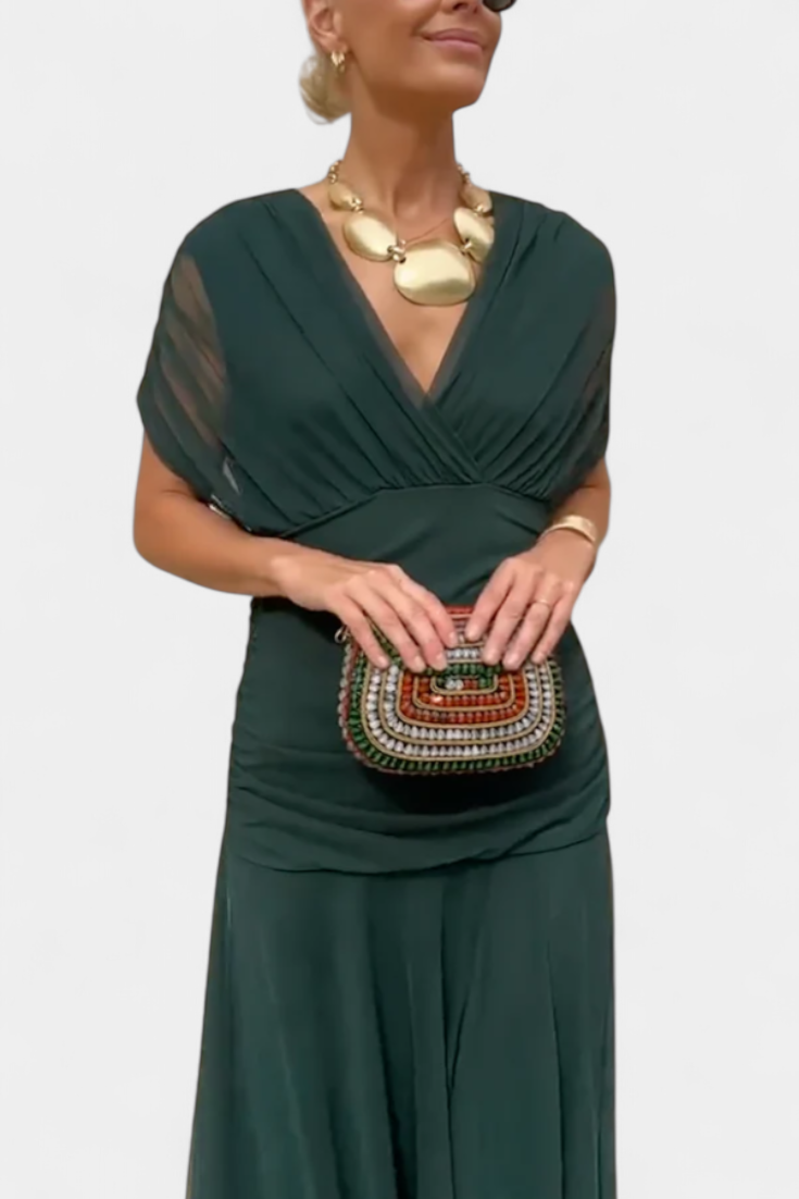 Femme Robe Longue Épaules Dénudées avec Décolleté en V et Jupe Fluide