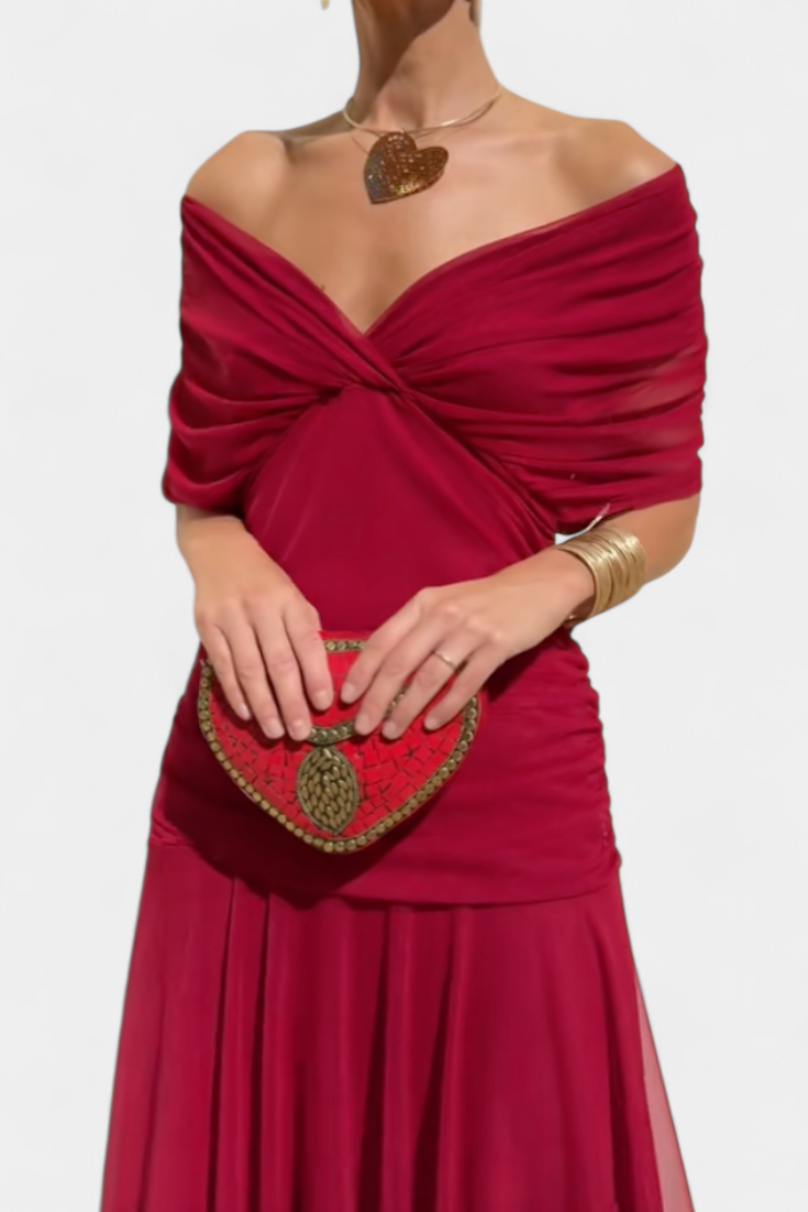 Femme Robe Longue Épaules Dénudées avec Décolleté en V et Jupe Fluide