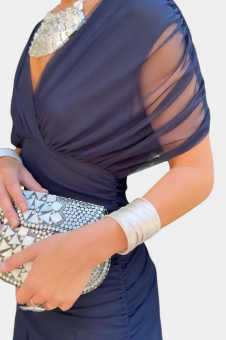 Femme Robe Longue Épaules Dénudées avec Décolleté en V et Jupe Fluide