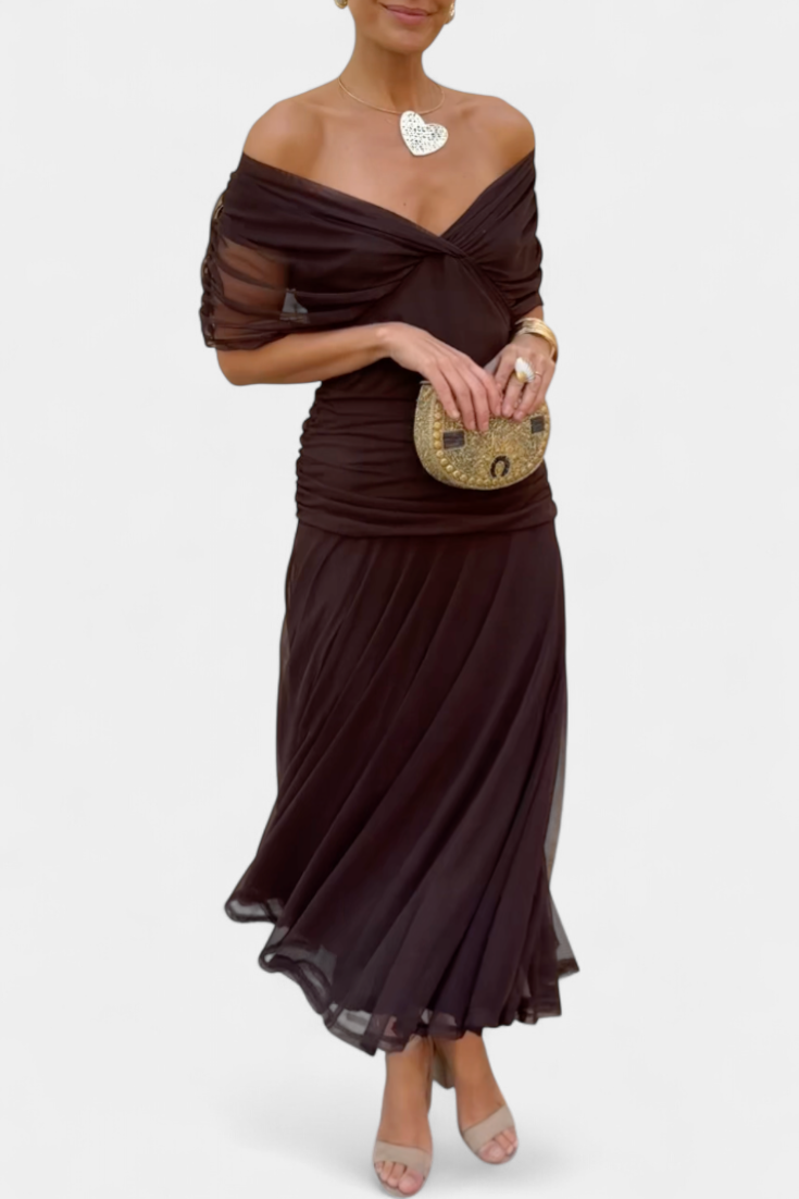 Femme Robe Longue Épaules Dénudées avec Décolleté en V et Jupe Fluide