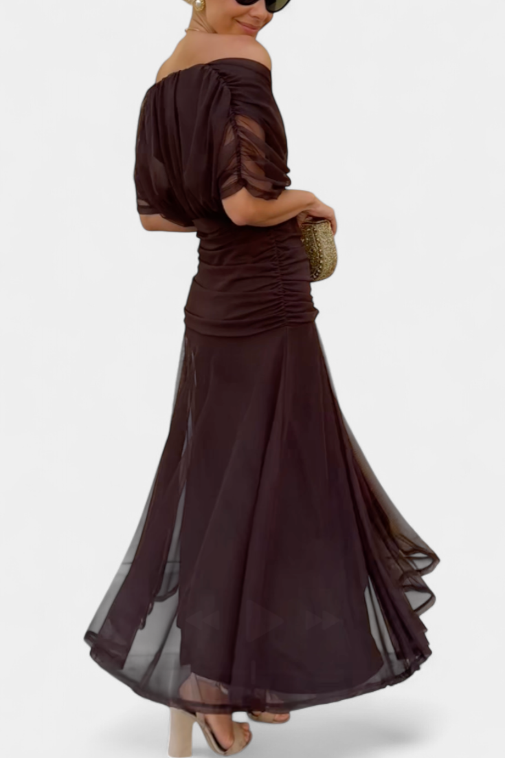 Femme Robe Longue Épaules Dénudées avec Décolleté en V et Jupe Fluide