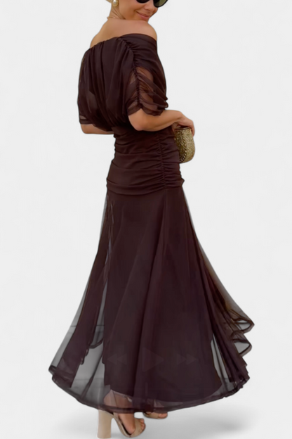 Femme Robe Longue Épaules Dénudées avec Décolleté en V et Jupe Fluide
