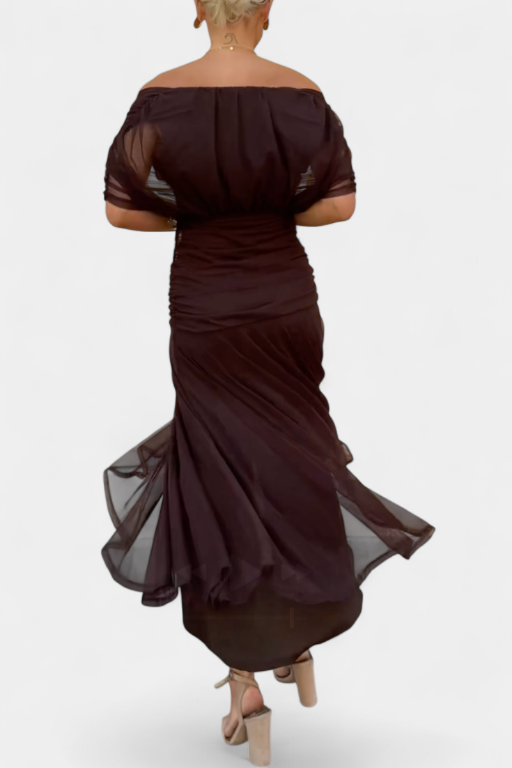 Femme Robe Longue Épaules Dénudées avec Décolleté en V et Jupe Fluide