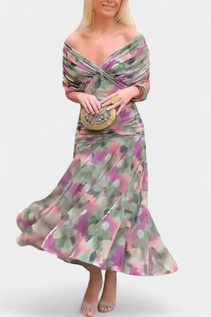 Femme Robe Longue Épaules Dénudées avec Décolleté en V et Jupe Fluide