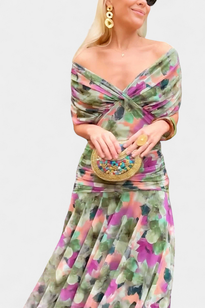 Femme Robe Longue Épaules Dénudées avec Décolleté en V et Jupe Fluide