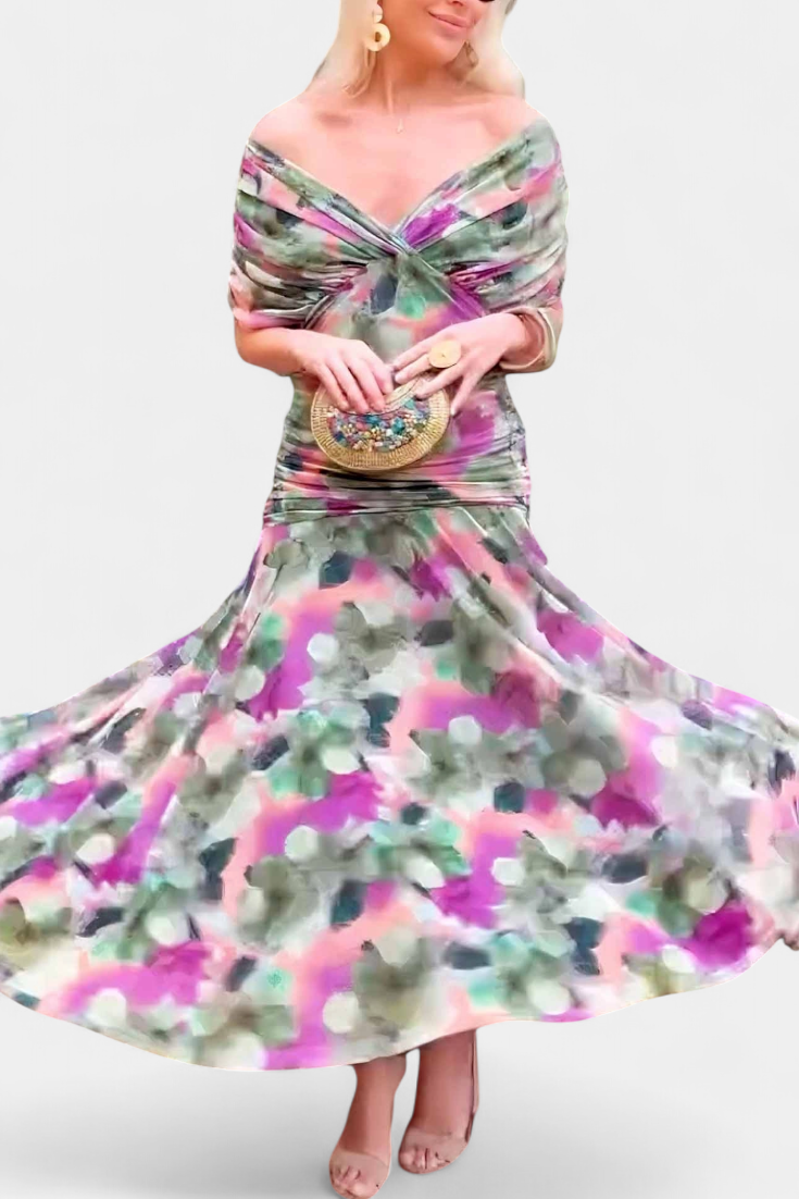 Femme Robe Longue Épaules Dénudées avec Décolleté en V et Jupe Fluide