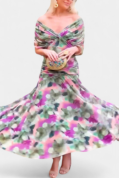 Femme Robe Longue Épaules Dénudées avec Décolleté en V et Jupe Fluide