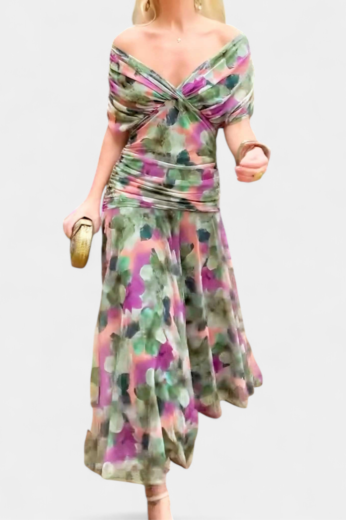 Femme Robe Longue Épaules Dénudées avec Décolleté en V et Jupe Fluide