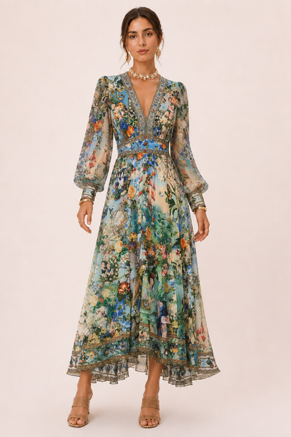 Femme Robe Longue Florale à Col en V et Manches Bouffantes
