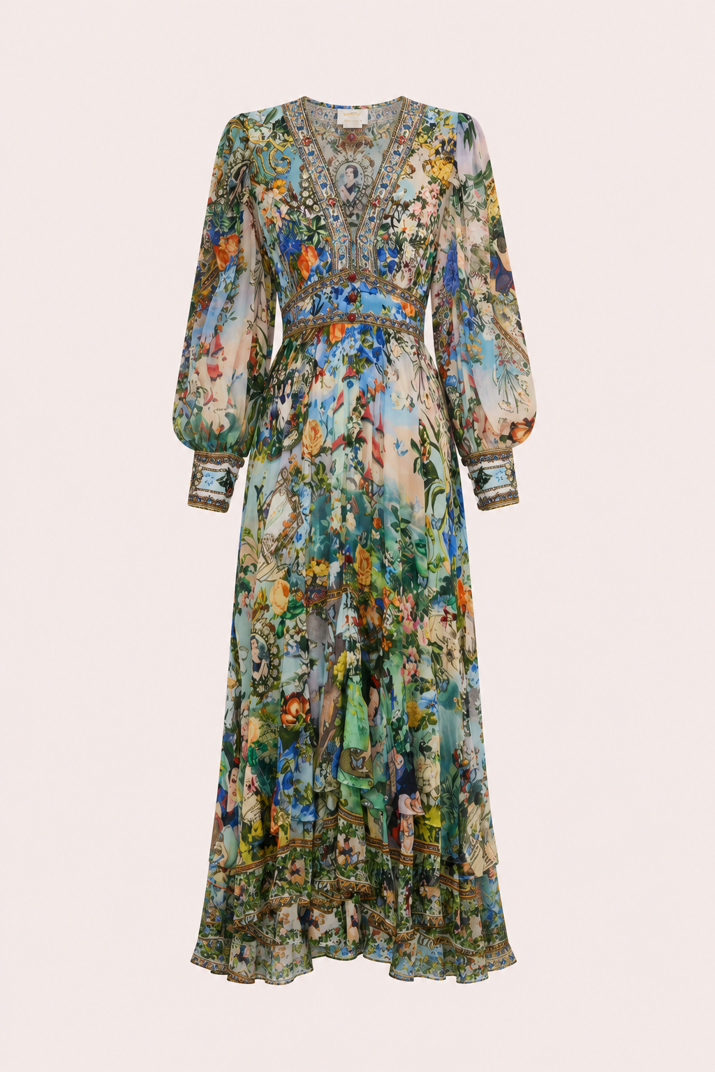 Femme Robe Longue Florale à Col en V et Manches Bouffantes