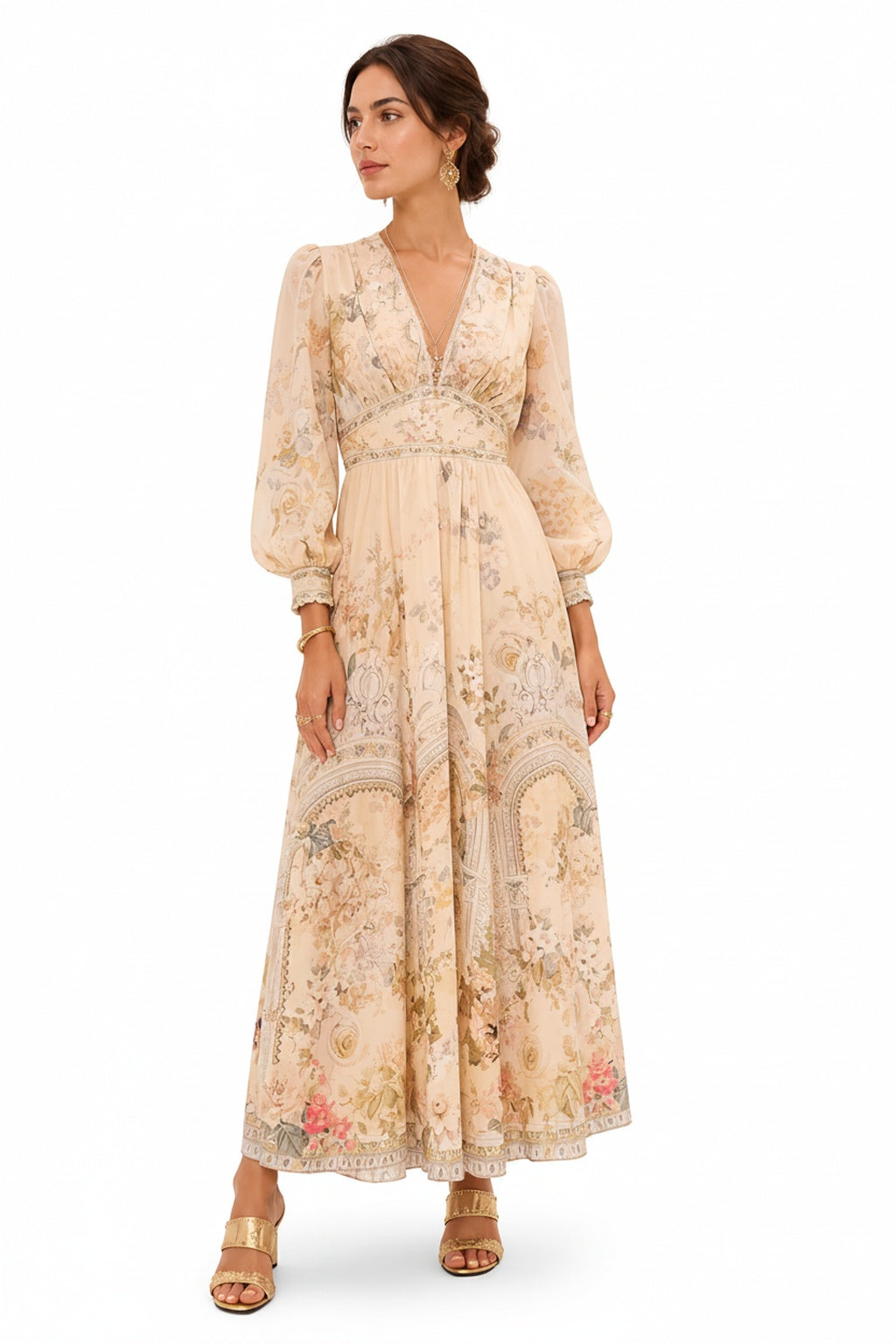 Femme Robe Longue Florale à Col en V et Manches Bouffantes
