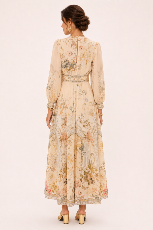 Femme Robe Longue Florale à Col en V et Manches Bouffantes